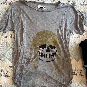 Sauce Grey Thin Cotton T Shirt with Skull and Cutouts on front and back, Size XS